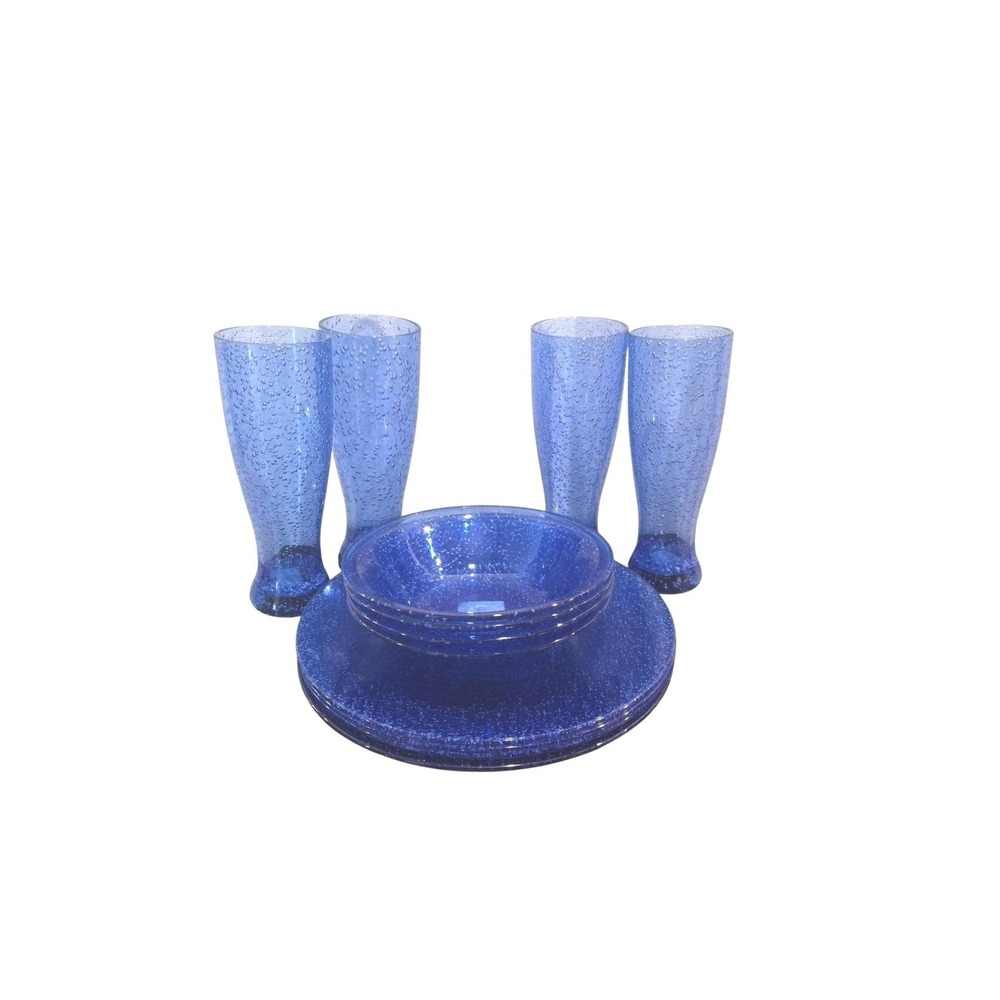 Pier 1 Import Cobalt Blue Seeded Acrylic Dinner 12pc Set Patio Poolside Beach